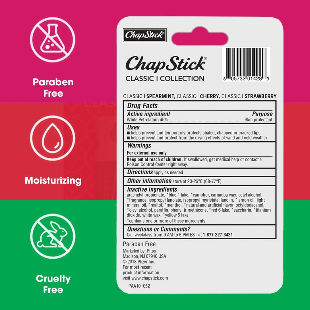 Chapstick Lip Care Set, Classic Collection 3-Pack – Spearmint, Cherry, and Strawberry Lip Balm, 0.15 Oz Ea