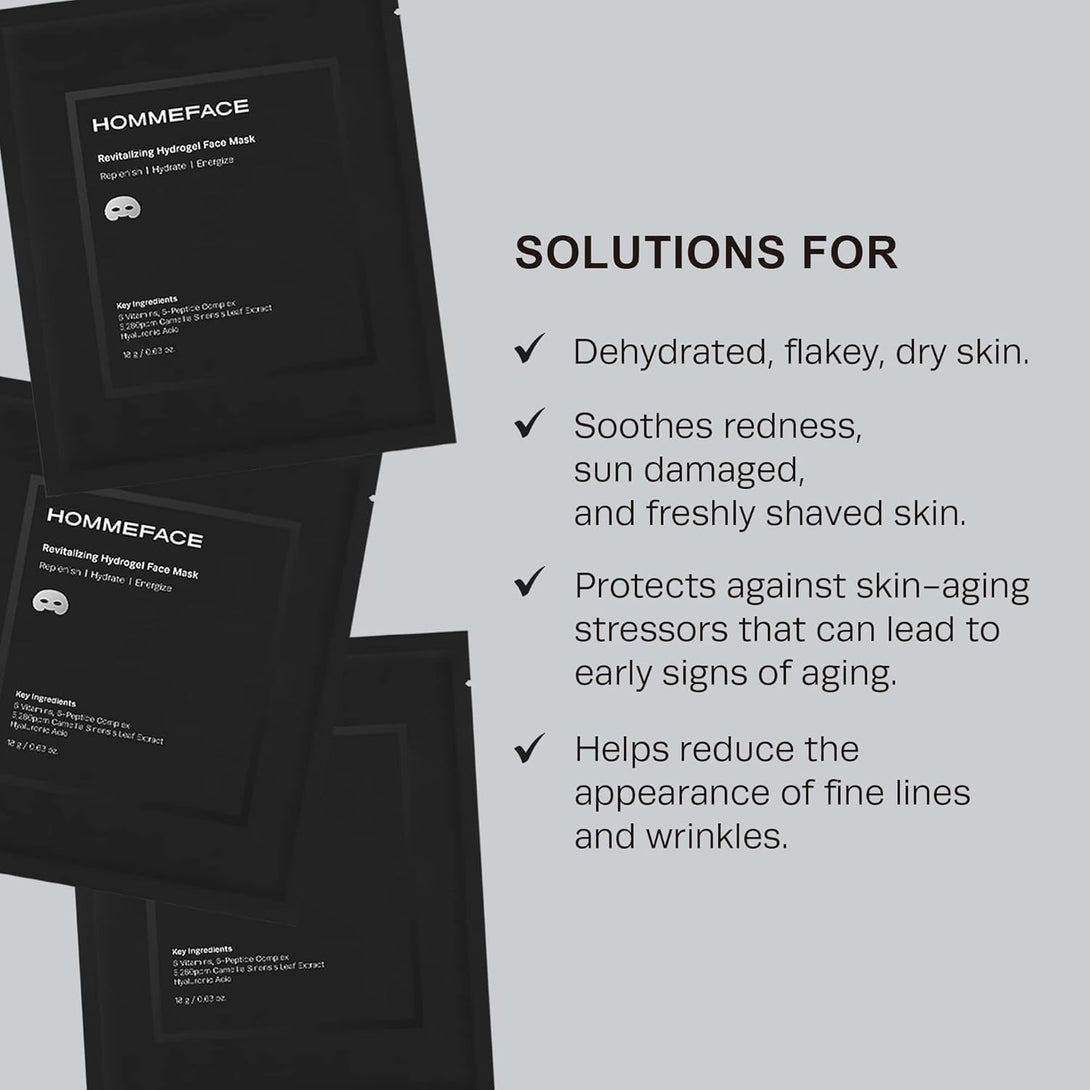 Hommeface Revitalizing Hydrogel Facial Mask Set for Men (5Ct) - Hydrating, Anti-Aging & Soothing Face Sheet Mask with Hyaluronic Acid, Vitamin B, C, E & Peptides, Beard-Friendly
