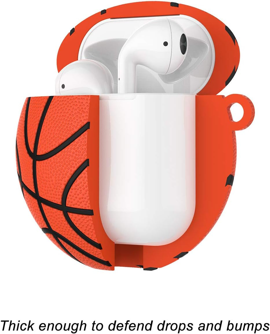 For Airpod Case, Cool Design Sports Cute Funny Basketball round Hard PC Plastic Airpods Case Cover with Keychain Key Ring Lanyard Compatible with Airpods 2 & 1, Brown