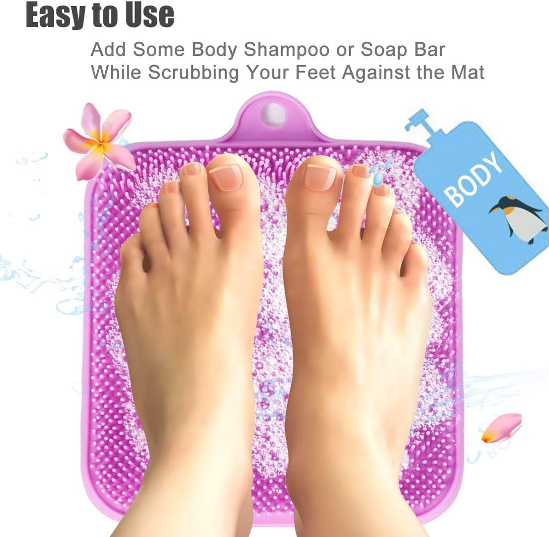 Shower Foot Cleaner Scrubber Massager, Foot Pain Tired Feet Relaxing Acupressure Mat with Non-Slip Suction Cups and Cleaning Bristles, Increase Circulation, Exfoliation (Lavender, 9.5 X 9.5 Inches)