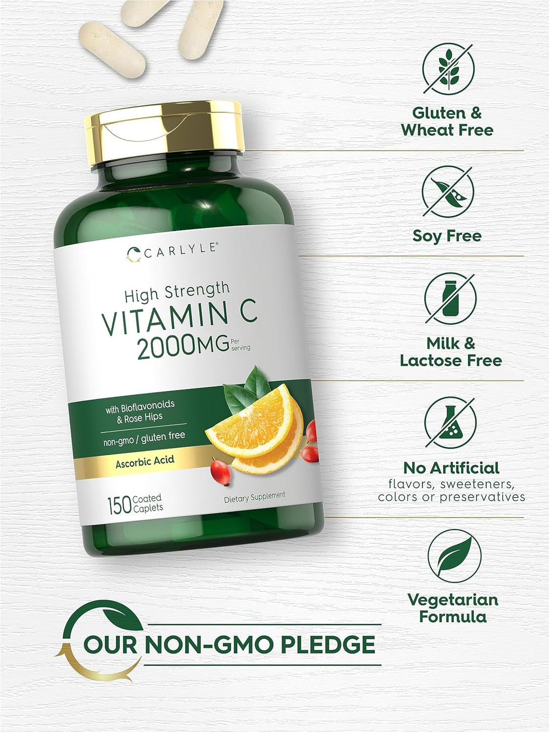 Carlyle Vitamin C 2000Mg | with Rose HIPS | 150 Caplets | Vegetarian, Non-Gmo, Gluten Free Supplement