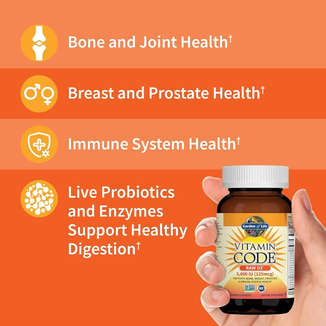 Garden of Life D3 - Vitamin Code Whole Food Raw D3 Vitamin Supplement, 2000 Iu, Dairy and Gluten Free, Vegetarian, 120 Capsules D3 with Organic Green Cracked Wall Chlorella plus Probiotics