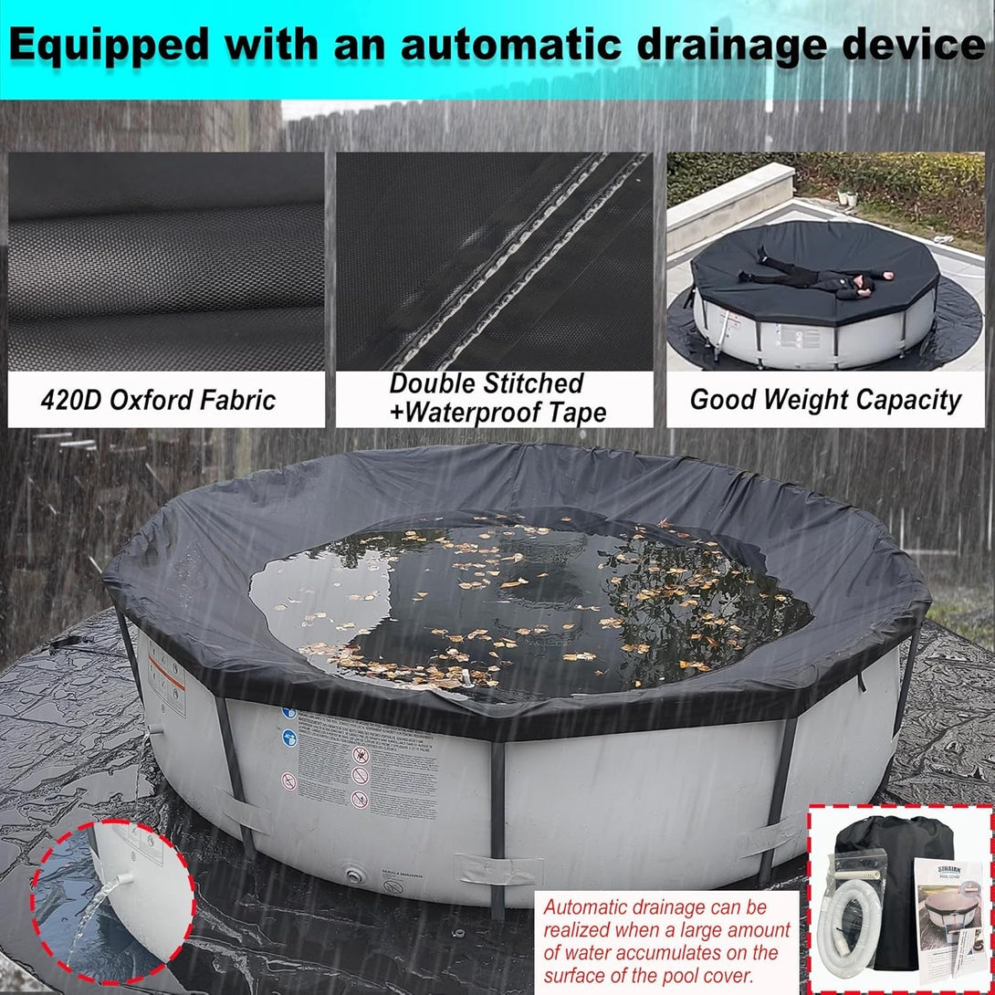 12 Ft Pool Cover, with Automatic Drain round Pool Cover, One-Piece Quick Installation and Removal above Ground Pool Cover, Preventing Waterlogging, UV Protected Solar Swimming Pool Cover