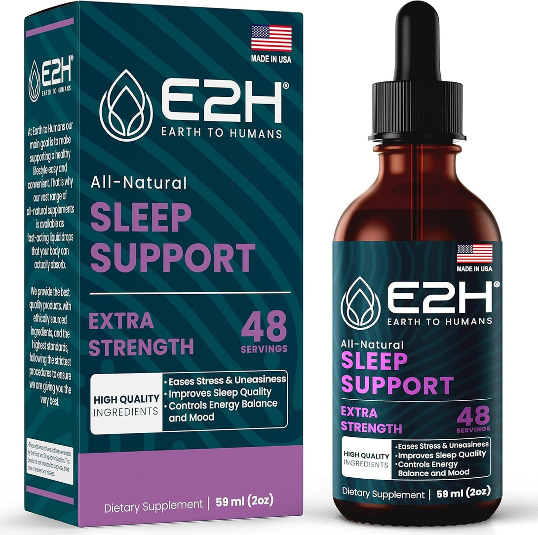 E2H Natural Sleep Support - Liquid Melatonin with Chamomile, Theanine - Sleep Better, Deeper, Longer - Vegan, Gmo-Free - Provides Stress Relief - 2 Fl Oz