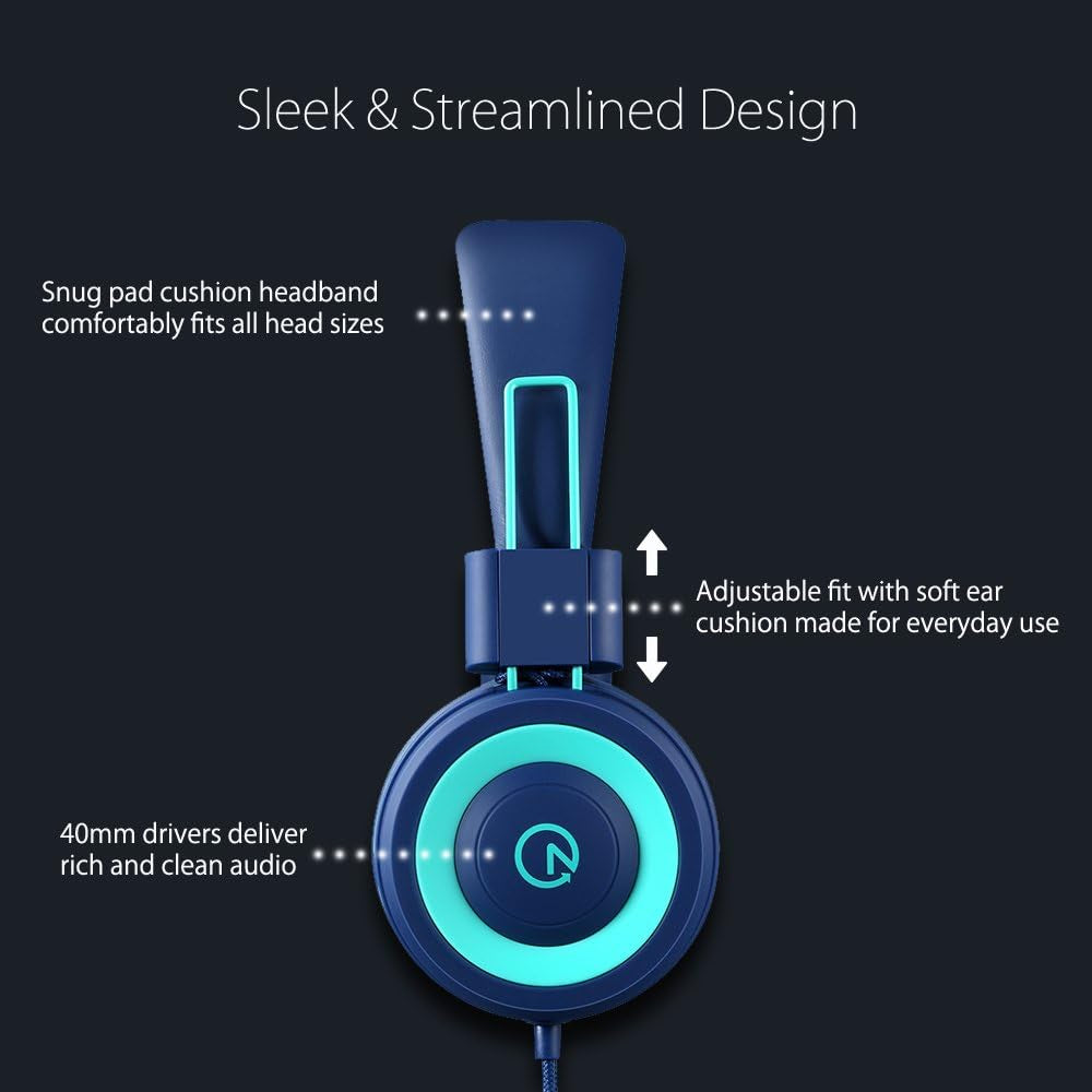 Kids Headphones - Noot Products K11 Foldable Stereo Tangle-Free 3.5Mm Jack Wired Cord On-Ear Headset for Children/Teens/Boys/Girls/Smartphones/School/Kindle/Airplane Travel/Plane/Tablet (Navy/Teal)