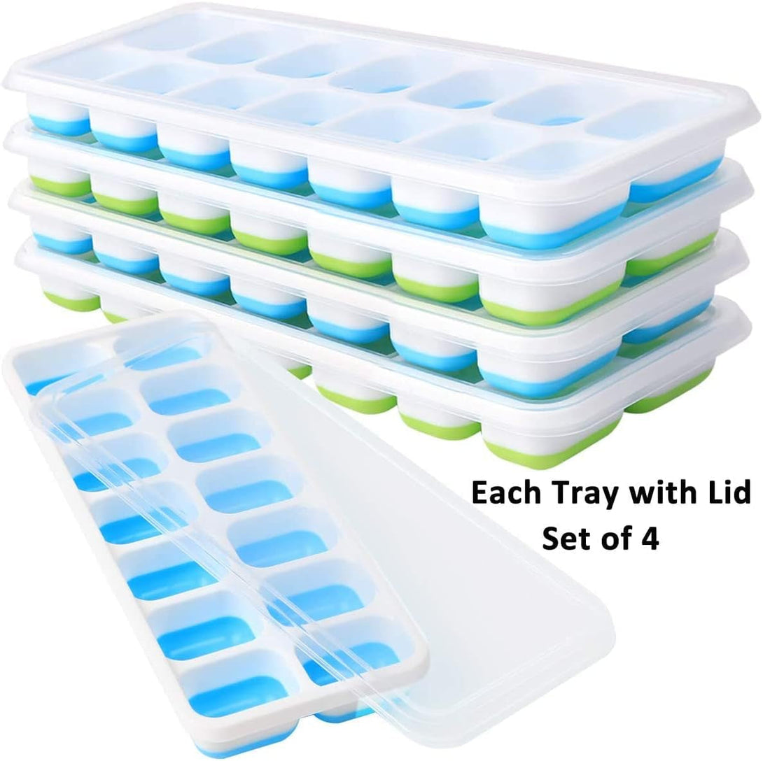 Ice Cube Tray with Lids BPA Free, 4 Pack - 56 Ice Flexible Easy Release Silicone Ice Tray for Freezer Stackable No Spill Ice Tray Dishwasher Safe for Cocktail, Whiskey, Fruit, Blue & Green