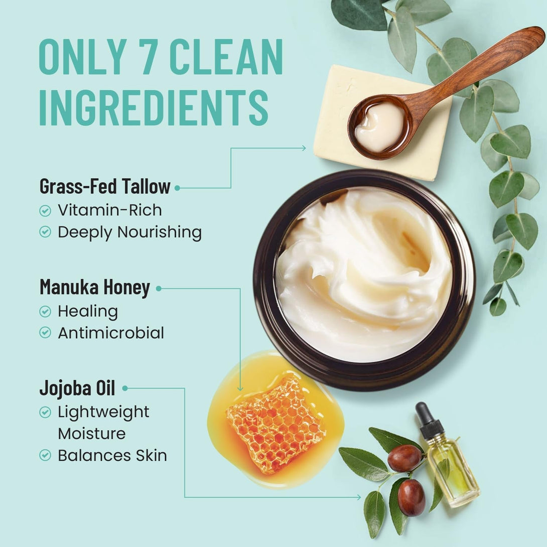 Body Restore Grass Fed Whipped Beef Tallow for Skin, Face, Body, Dry Skin - with Manuka Honey, Jojoba Oil, Mothers Day Gifts, Gift for Mom, Wife, Dad, Best Friend, Travel Essentials - Eucalyptus