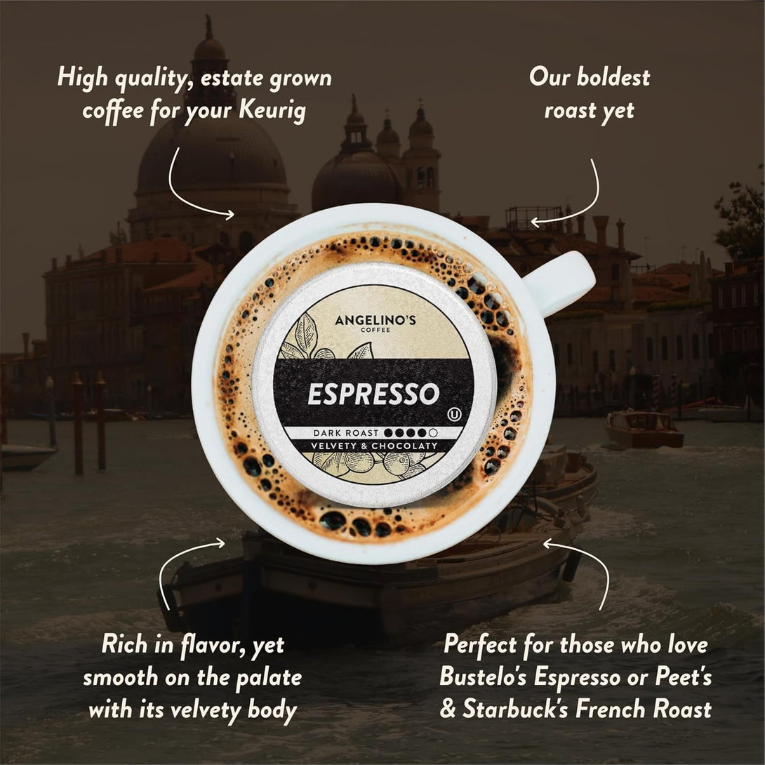 Angelino'S Coffee Espresso Pods Keurig Compatible - 24 Count, Dark Roast Coffee for Keurig K-Cup Brewers, Cafe Style, Best Strong Espresso Coffee Pods (24 Count, Espresso)