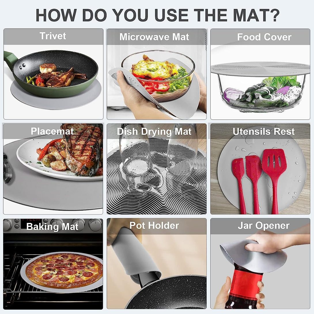 10 Inch Microwave Food Cover & Collapsible Silicone Mat - Splatter Guard, Plate Holder & Kitchen Colander for Meal Prep, Charcoal