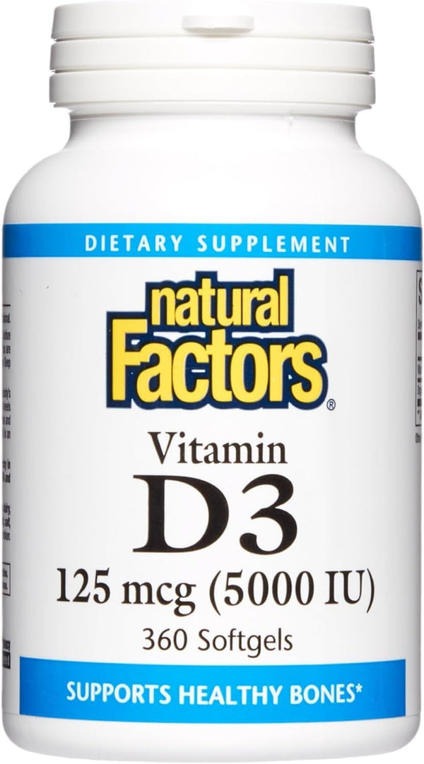 Natural Factors, Vitamin D3 5000 IU (125 Mcg), Supports Strong Bones, Muscles and Immune Function, 360 Softgels