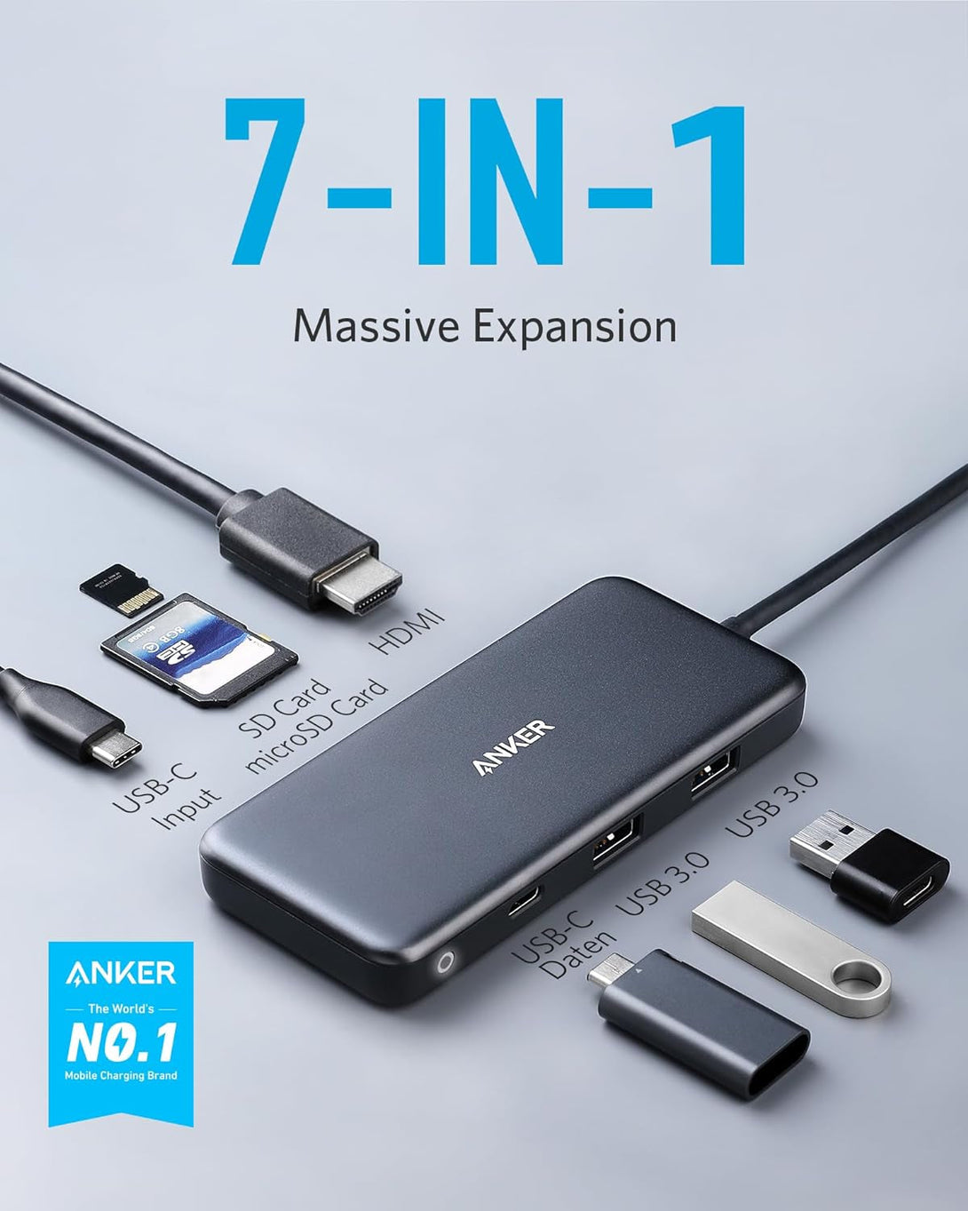 Anker USB C Hub (7-In-1), with 4K HDMI, 100W Power Delivery, USB-C and 2 USB-A 5Gbps Data Ports, Microsd and SD Card Reader, for Macbook Air, Macbook Pro, XPS, and More