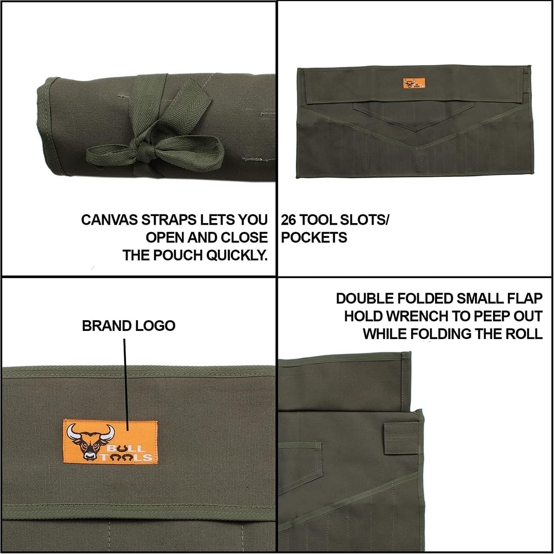 26-Pocket Wrench Tool Roll Organizer, Roll-Up Pouch Metric & SAE, Heavy-Duty 100% Cotton Duck Canvas Portable Tools Storage for Mechanics & Diyers - Olive Drab (Tools Not Included)