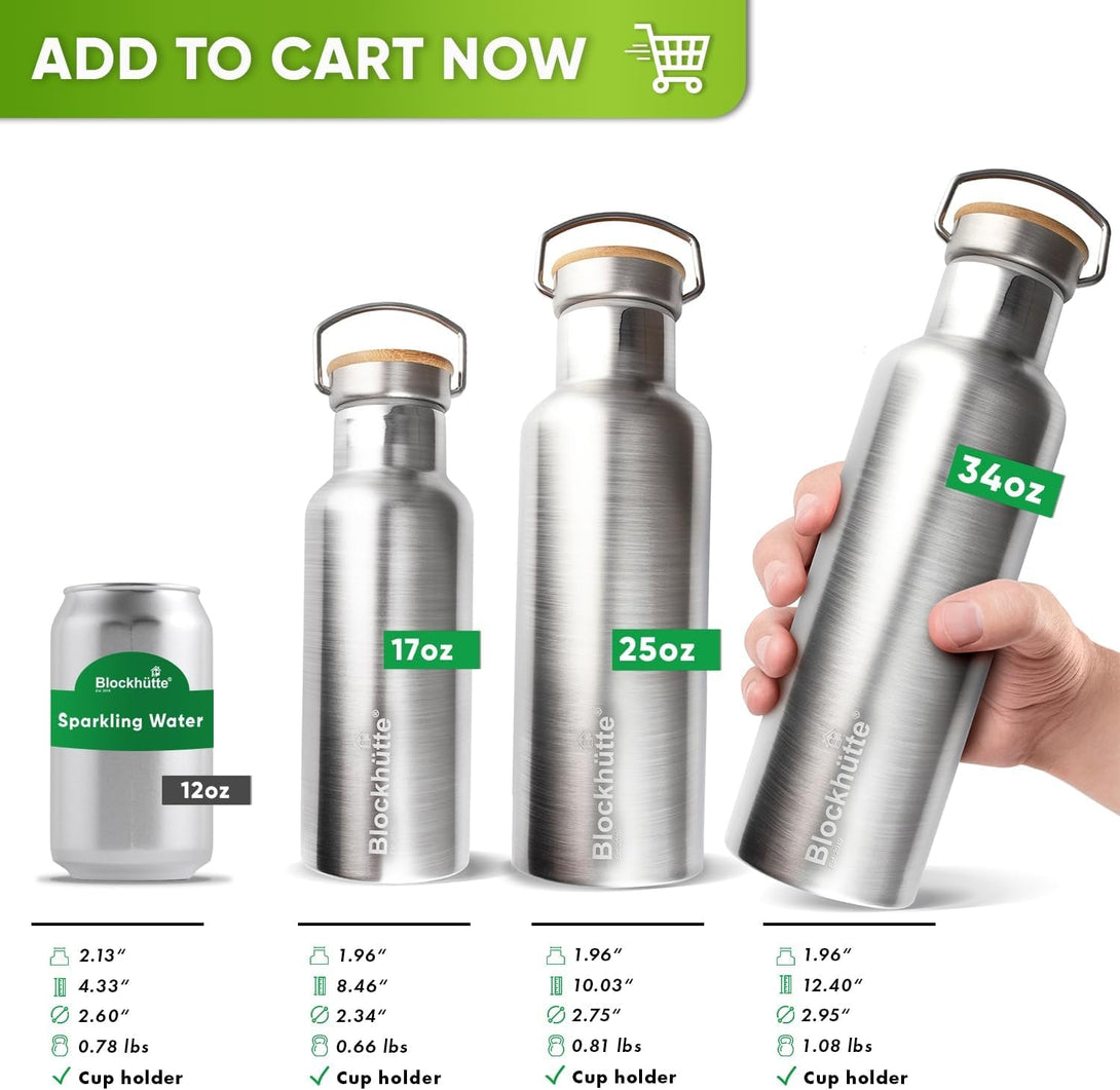 Blockhütte Vacuum Insulated Stainless Steel Water Bottle I 25 Oz I Wide Mouth Metal Bottle for Hot and Cold Drinks I Bpa-Free I for Travel, School I Kids, Adults, Water Canteen, Sports, Flask
