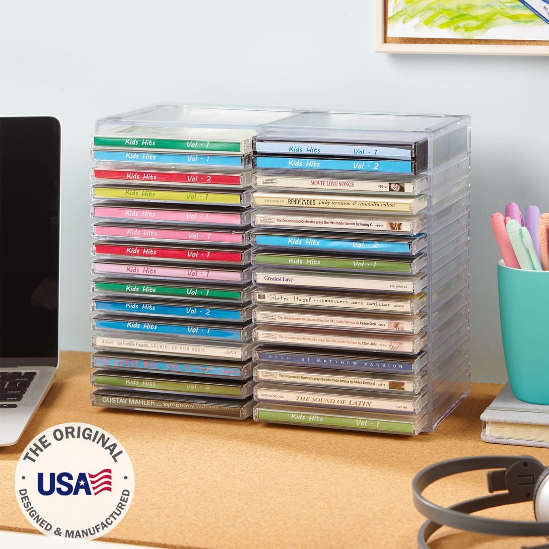 Stori Stackable Clear Plastic CD Organizer with Rubber Feet | Rectangular Jewel Cases Holder Perfect for Theatre Room | Holds up to 30 CD Cases | Made in USA
