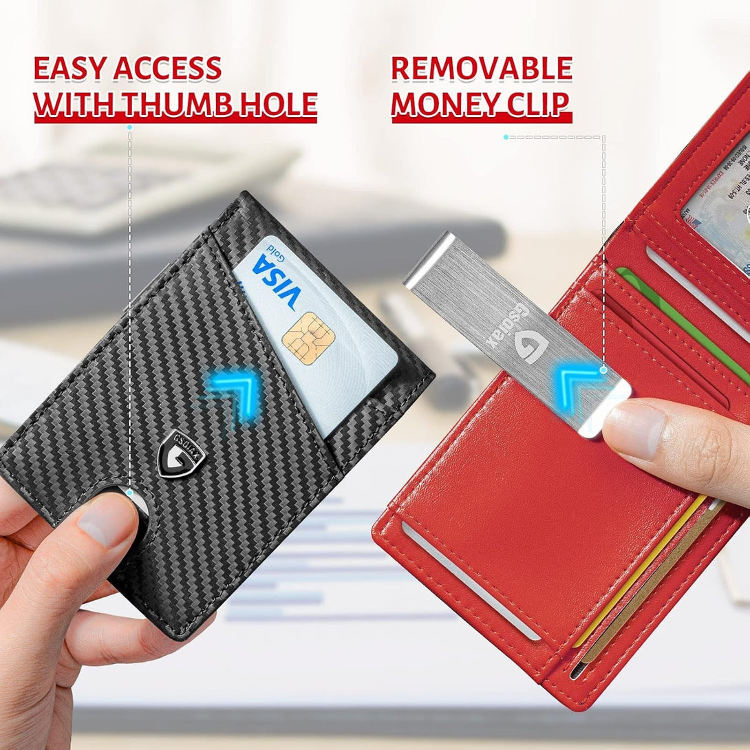 GSOIAX Slim Leather RFID Bifold Wallet for Men - Minimalist Front Pocket Wallet with Money Clip,12 Card Slots,Id Window,Cool Groove Design,Includes Gift Box(Carbon Red