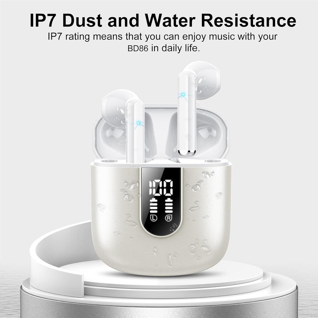 Wireless Earbuds 2024 Bluetooth 5.3 Headphones with HD Mic Hifi Stereo Sound, Wireless Earphones with Dual LED Display Touch Control, IPX7 Waterproof 30H Playtime Mini Ear Buds for Ios Android, White