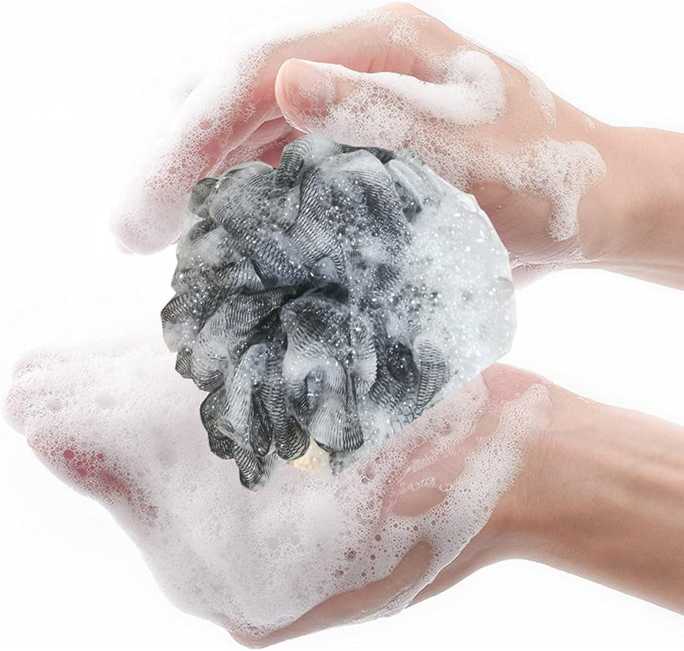 Shower Sponge Loofah Back Scrubber,Loofah on a Stick,Pe Soft Mesh Loofah Body Scrubber with Wooden Handle,Bath Sponge for Women Kids (Black)