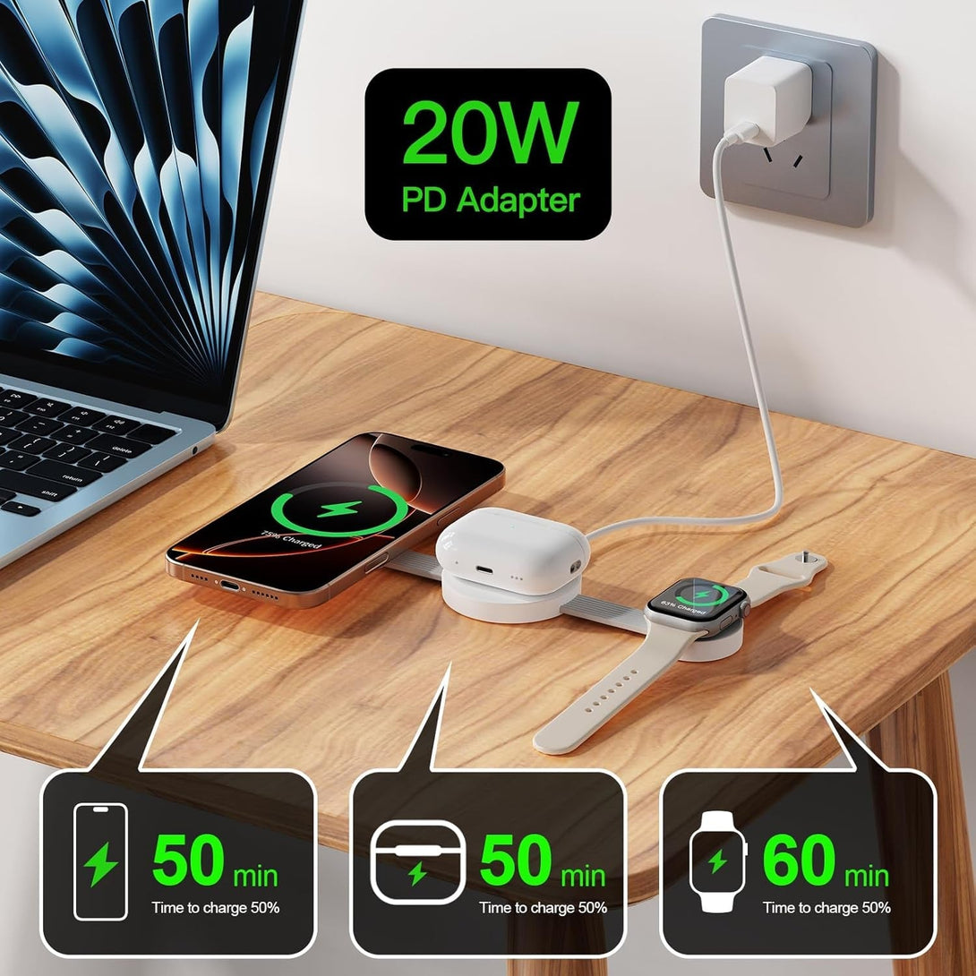 2025 Travel Magnetic Wireless Mag-Safe Maggo UFO 3 in 1 Charging Station for Apple Multiple Devices - Fast Charger Iphone 16 15 14 13 12 Pro Max Plus, Charging Pad for Apple Watch Air Pods (White)