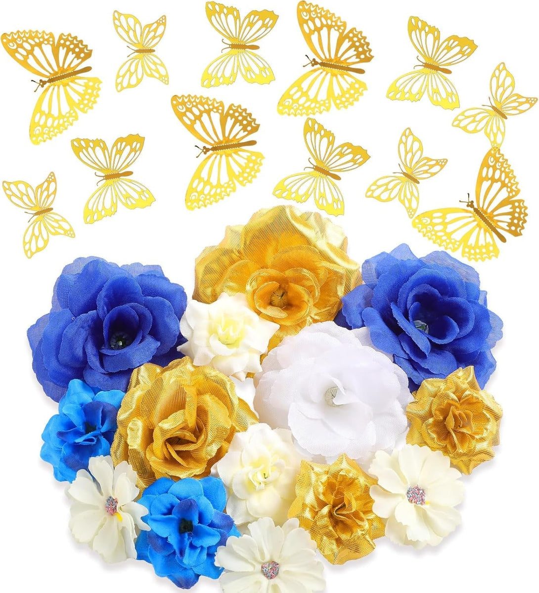 Knitgrip 27 Pcs DIY Graduation Cap Decorations Accessory Kit Include Faux Flower Heads and 3D Butterfly for Graduation Cap Decoration Home Decoration Craft Supplies(Blue Gold)