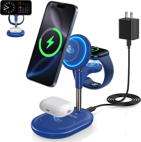 3 in 1 Wireless Charging Station for Apple Magsafe Charger, 15W Fast Qi-Certified Magnetic Mag-Safe Charger Stand for Iphone 16 15 14 13 12 Apple Watch Airpods, Adjustable Angle, Blue