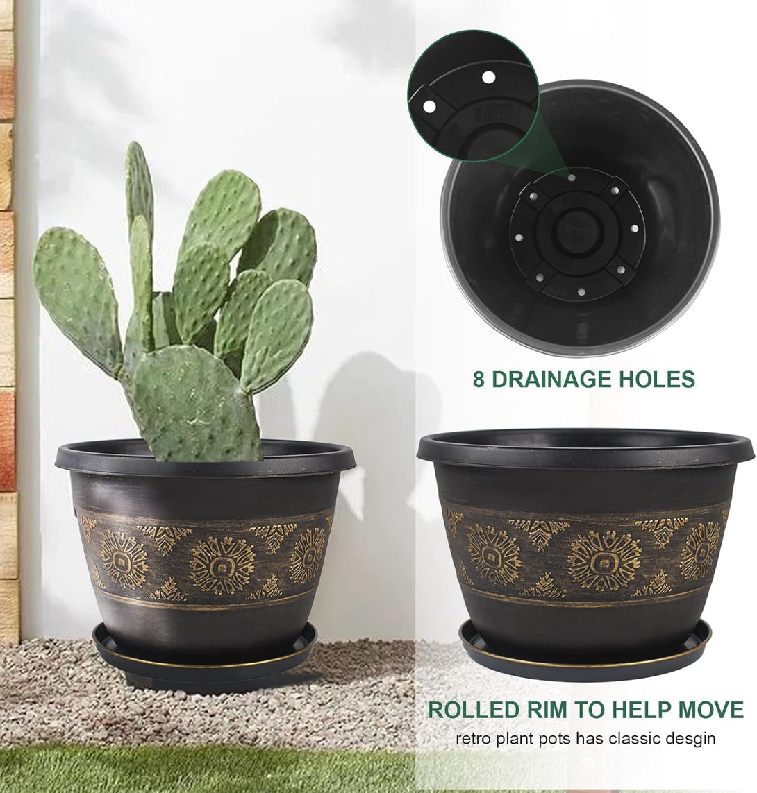 6 Pack 8 Inch Plant Pots, Retro Pattern Planters with Drainage Holes and Saucer, Sturdy Plastic Garden Flower Pots for Indoor & Outdoor Plants