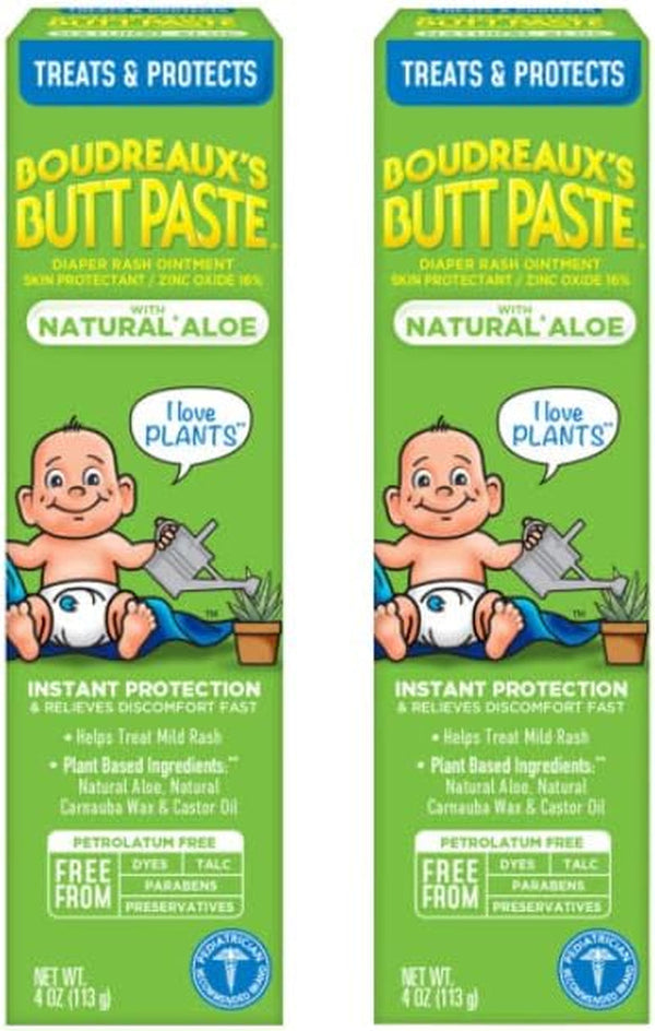 Boudreaux'S Butt Paste with Natural* Aloe Diaper Rash Cream, Ointment for Baby, 4 Oz Tube, 2 Pack