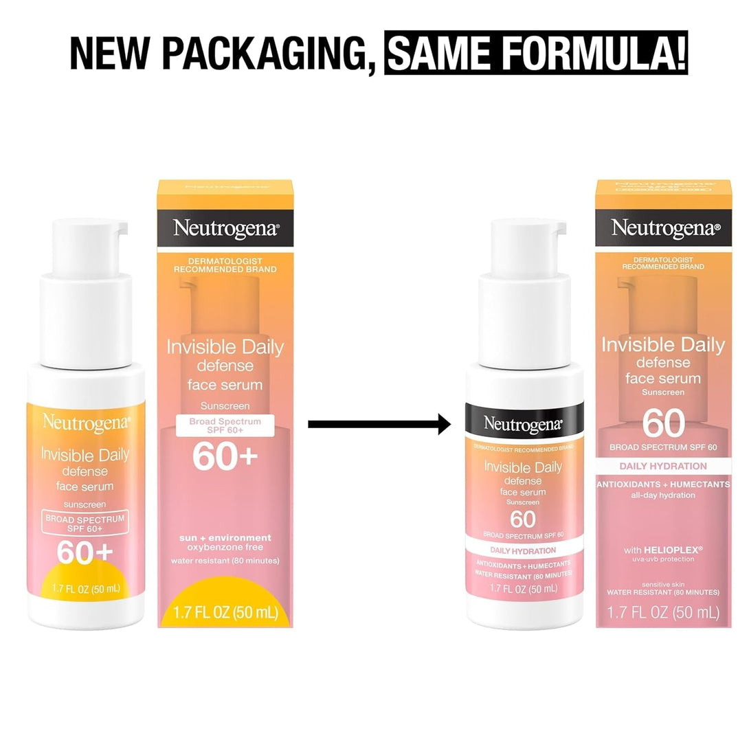 Neutrogena Invisible Daily Defense Face Sunscreen + Hydrating Serum with Broad Spectrum SPF 60 & Antioxidants to Help Skin Glow, Oil-Free, Fragrance Free, 1.7 Fl. Oz