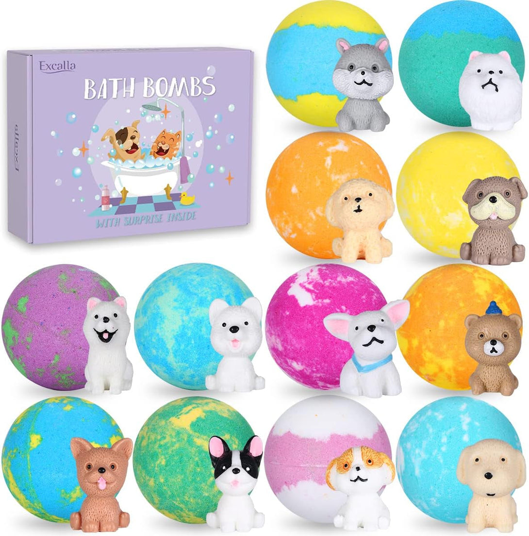 Bath Bombs for Kids with Surprise Toys inside for Girls Boys - 12 Pcs Bubble Bath Fizz Balls Gift Set with Puppy Toy, Gentle and Kids Safe for Easter Eggs Stuffers