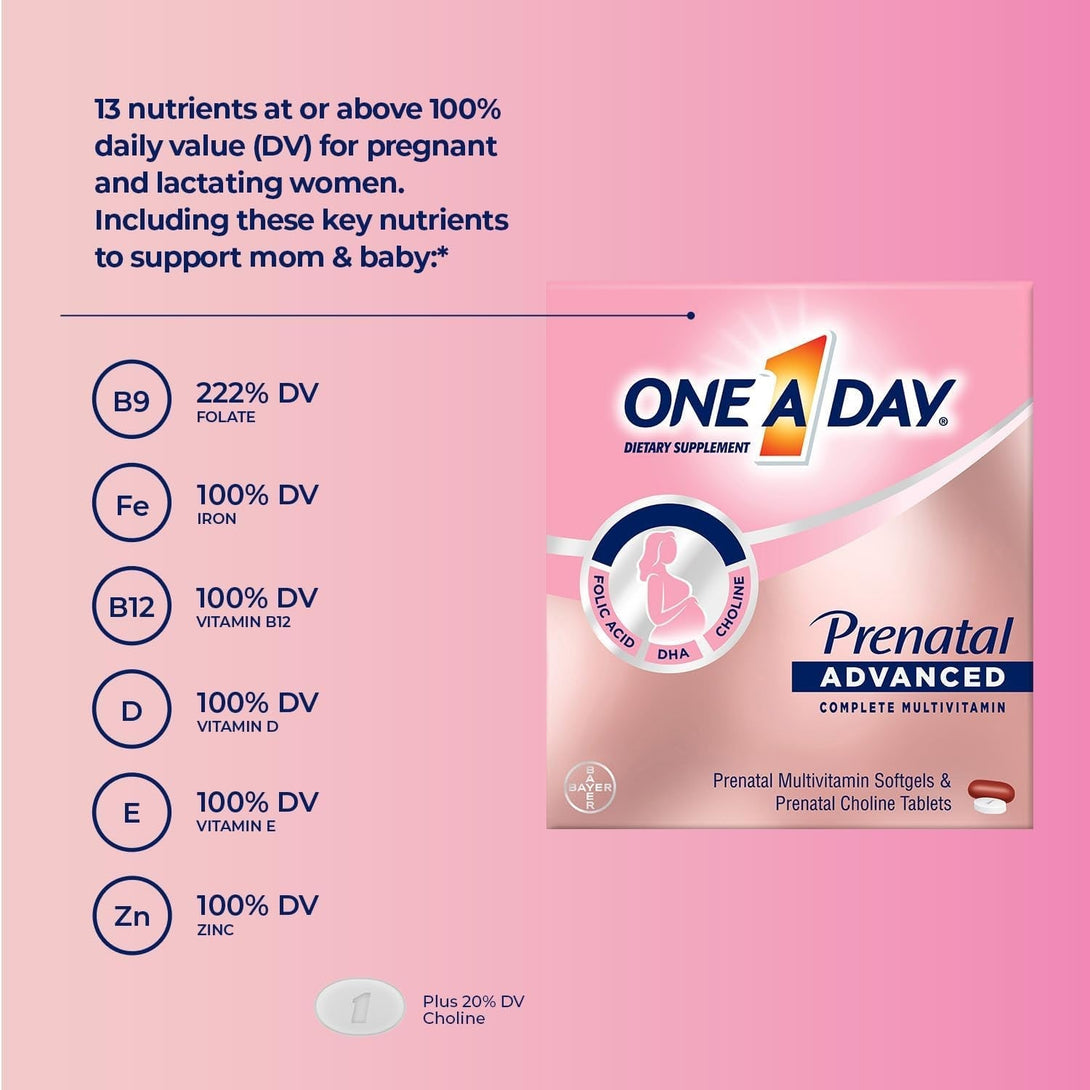 One a Day Womens Prenatal Advanced Complete Multivitamin with Brain Support* with Choline, Folic Acid, Omega-3 DHA & Iron for Pre, during and Post Pregnancy, 30+30 Count (60 Total Set)