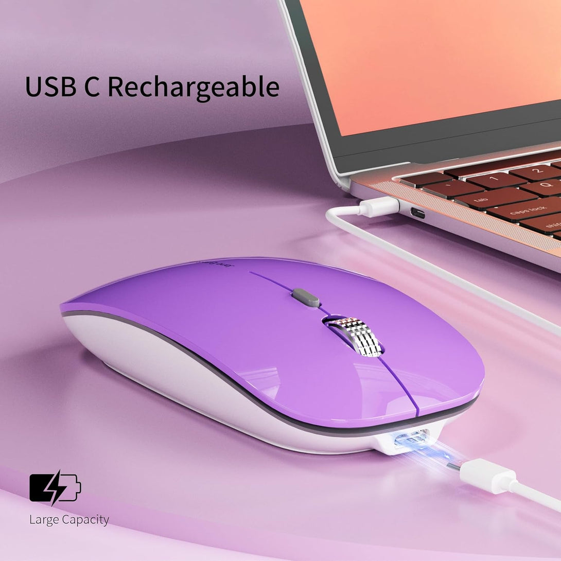 Uciefy Q5 Slim Rechargeable Wireless Mouse, 2.4G Portable Optical Silent Ultra Thin Wireless Computer Mouse with USB Receiver and Type C Adapter, Compatible with PC, Laptop, Desktop (Purple)