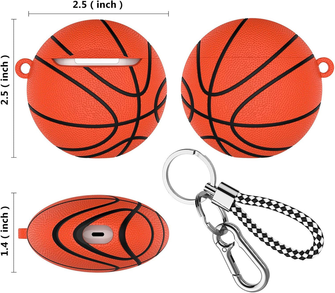 For Airpod Case, Cool Design Sports Cute Funny Basketball round Hard PC Plastic Airpods Case Cover with Keychain Key Ring Lanyard Compatible with Airpods 2 & 1, Brown