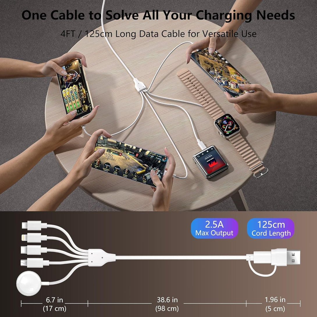 5-In-2 Multi Charging Cable for Apple Watch Charger: USB A/C Input, Lightning/Type C/Micro/Mini B/Wireless Output, Compatible with Iphone 15-13, Iwatch 1-9, Galaxy S23-22, 4FT (White)
