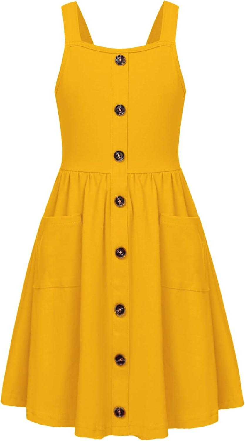 Arshiner Girl'S Spaghetti Strap Button down Midi Sleeveless Summer Casual Sundress A-Line Dress with Pockets