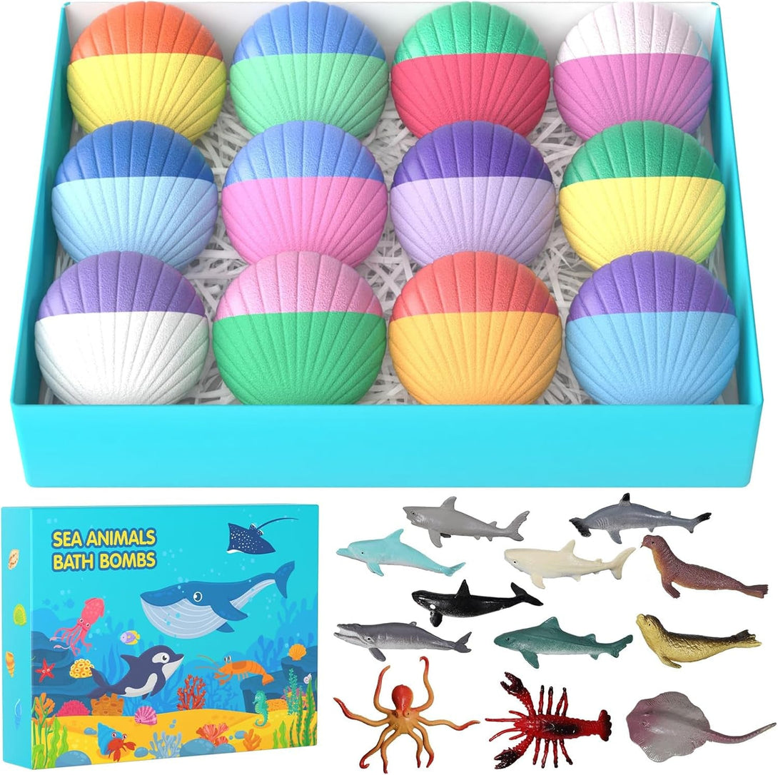 Kids Bath Bombs with Surprise Toys Inside, 12 Pack Shell Organic Bath Bombs for Kids with Ocean Sea Animals for Girls Boys Toddlers, Marine Shark Bath Bomb Gift for Easter Birthday Bubble Bath