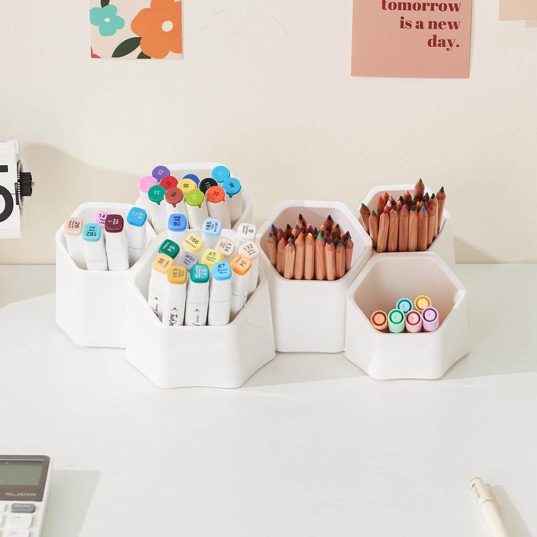 6 Cup Splicing Clips Pen Holder, Modular 65° Desk Organizer for Markers, Pencils, and Pens - Ideal for Office, School, and Home Use (White)