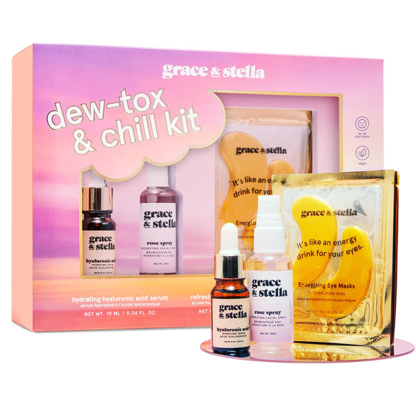 Grace & Stella Award-Winning Mothers Day Gifts for Mom, Birthday Gifts for Women - Travel Essentials with Gold Eye Masks, Hyaluronic Acid Serum & Rose Spray - Vegan Skin Care Set - Bachelorette Party