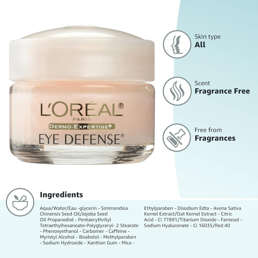 L'Oreal Paris Dermo-Expertise Eye Defense Eye Cream with Caffeine and Hyaluronic Acid 0.5 Oz