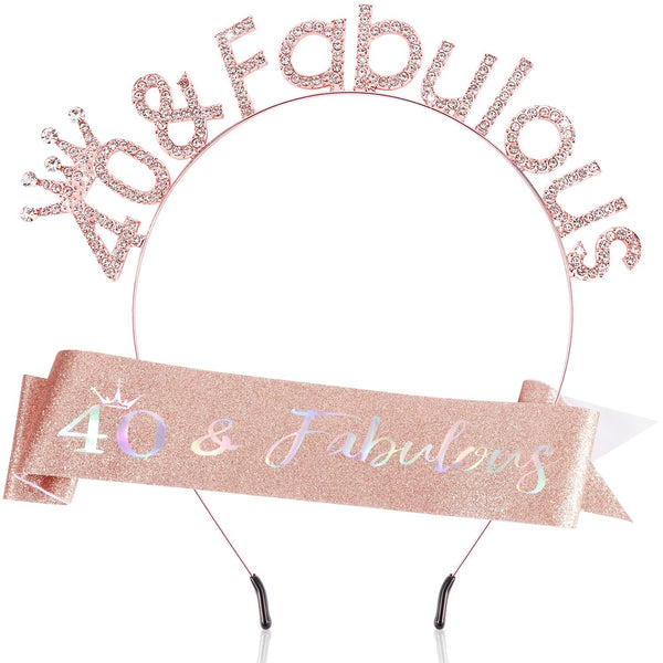 Supoo Rose Gold 40Th Birthday Sash and Headband 40Th Birthday Decorations for Women 40Th Birthday Crown Tiara 40Th Birthday Gifts for Her 40 and Fabulous 40 Year Old Party Decorations