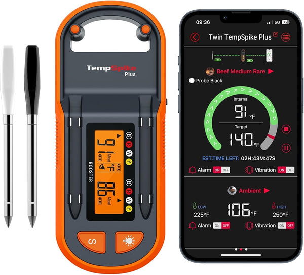 Thermopro Tempspike plus 600Ft Wireless Meat Thermometer with 2 Color-Coded Probes, Bluetooth Meat Thermometer with Lcd-Enhanced Booster for Food Cooking Grill Smoker, Fathers Day Gift for Him