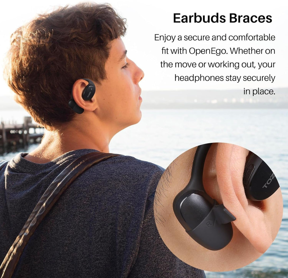 TOZO Openego True Wireless Open Ear Headphone, 5.3 Bluetooth Sport Earbuds with Earhooks for 80H Playback with Digital Display, 32 EQ Modes Dual Mic Clear Call Sweat-Proof for Running Workout Black