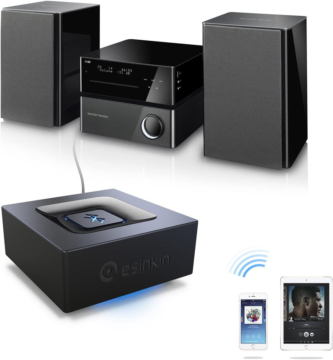 Esinkin Bluetooth Audio Adapter for Music Streaming Sound System, Wireless Audio Adapter Works with Smartphones and Tablets, Bluetooth Receiver for Home Stereo