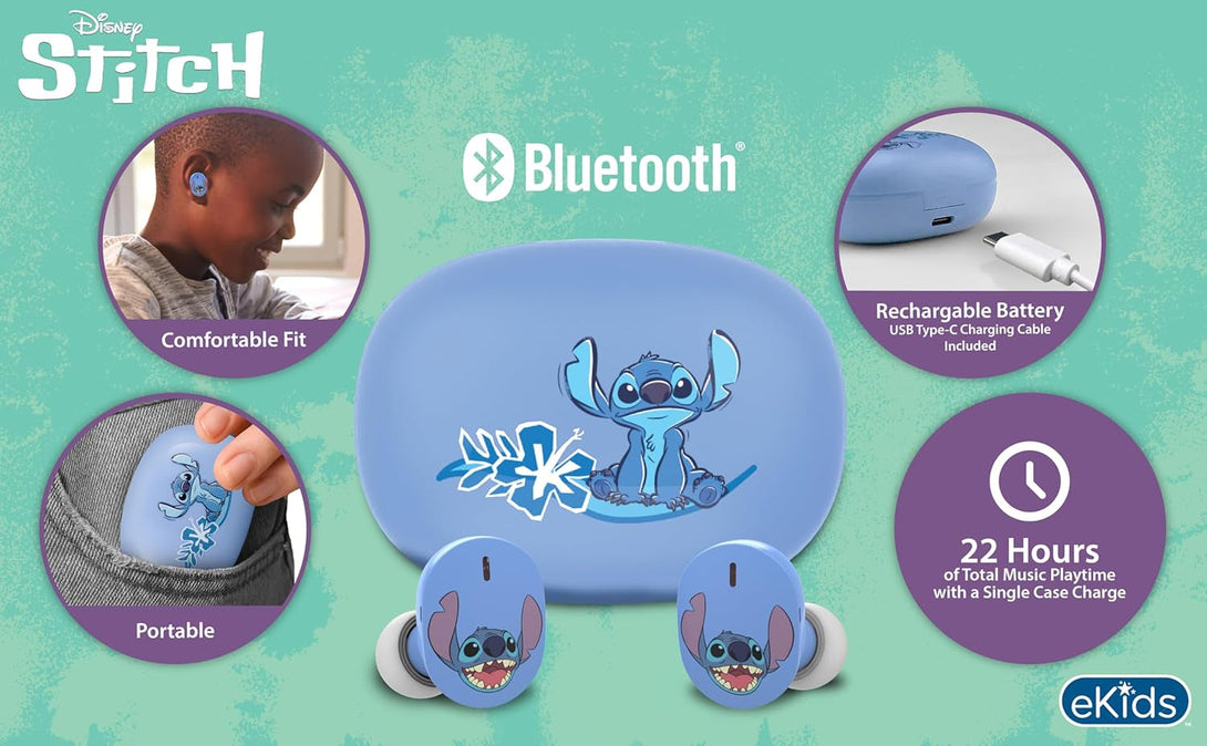 Ekids Disney Stitch Wireless Earbuds with Microphone, Bluetooth Earbuds with Charging Case for Ear Buds, Designed for School, Home, or Travel