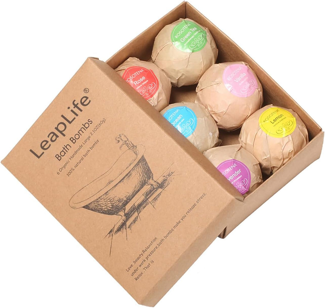 Bath Bombs Gift Set,Organic Handmade Large Fizzer with 100% Natural Materials for Kids, Women Men, Best Gift for All Festivals Including Lemon, Rose, Lavender, Vanilla, Green Tea, Ocean(6Pcs)