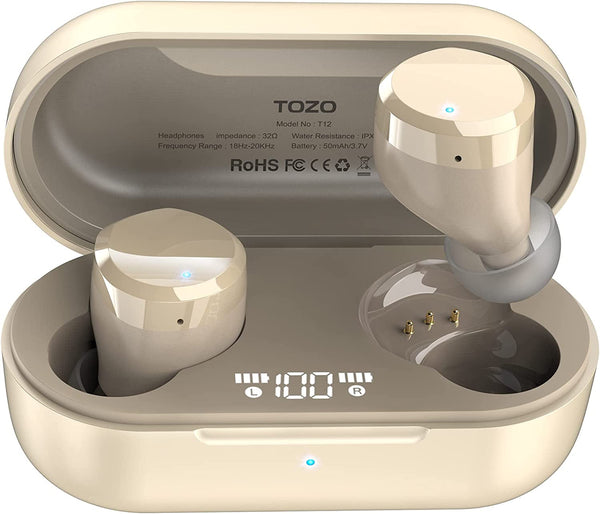 TOZO T12 (Large Ergonomic Edition) Wireless Earbuds Bluetooth 5.3 Headphones Premium Sound Performance Touch Control LED Digital Display Wireless Charging Case Earphones