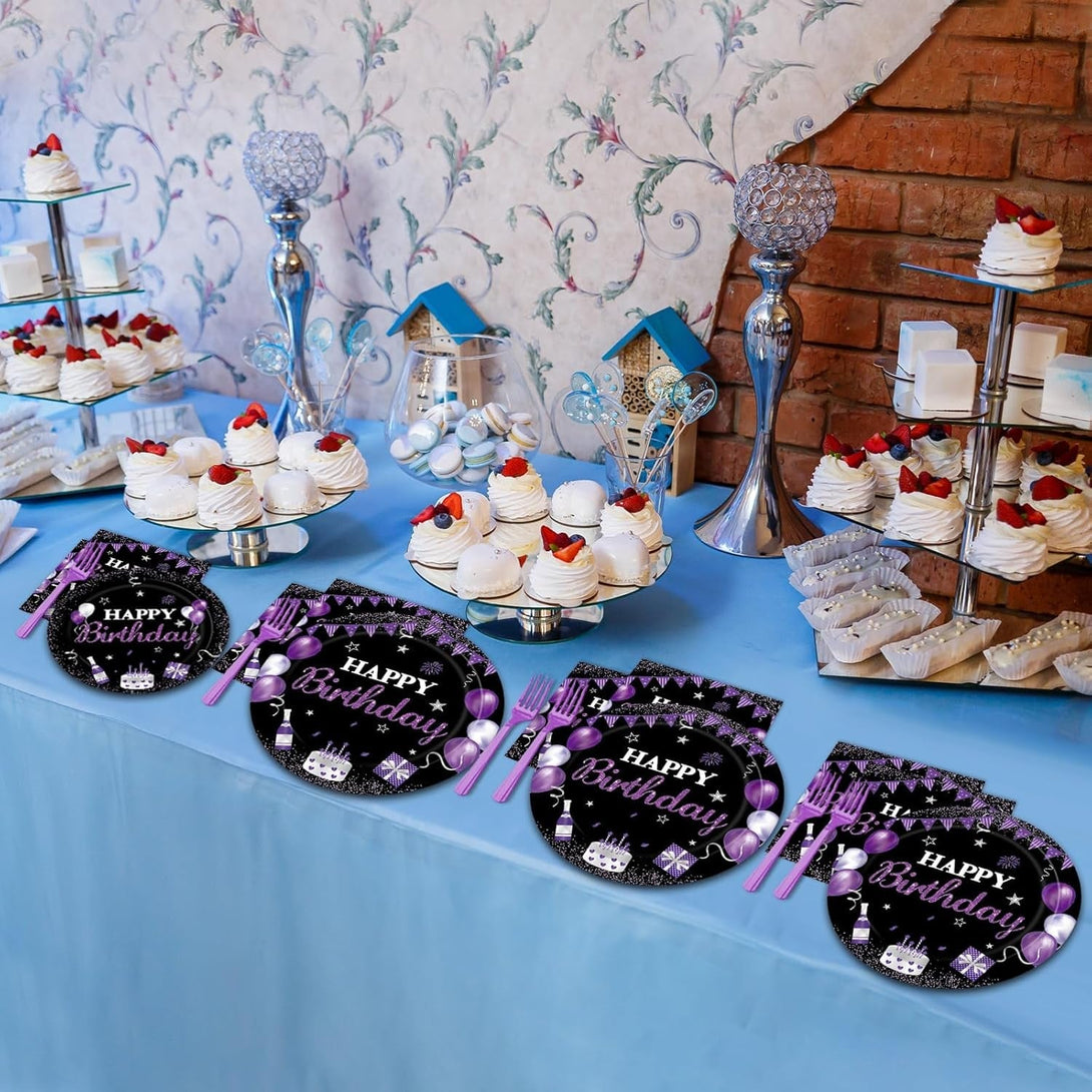 96Pcs Purple & Black Party Supplies - Paper Plates, Napkins, Dinnerware Set for Women, Men, Baby Showers & Birthdays - Serves 24