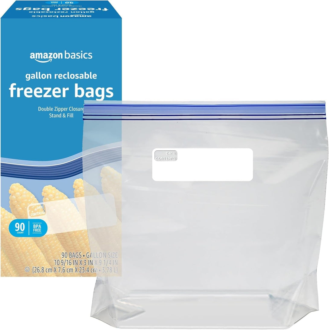 Amazon Basics Reclosable Freezer Gallon Bags, BPA Free, 90 Count (Previously Solimo)