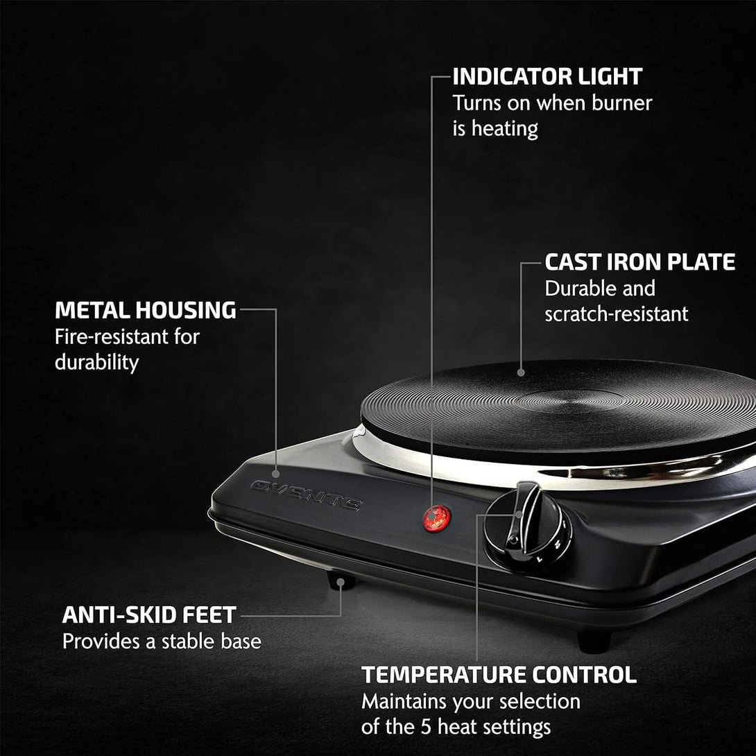 OVENTE Electric Countertop Single Burner, 1000W Cooktop with 7.25 Inch Cast Iron Hot Plate, 5 Level Temperature Control, Compact Cooking Stove and Easy to Clean Stainless Steel Base, Black BGS101B