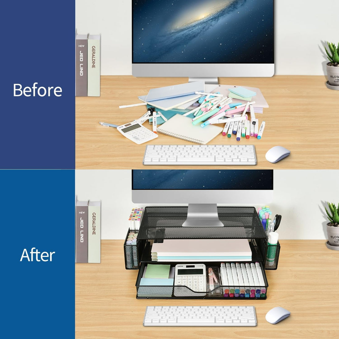 AUPSEN 2 Tier Computer Monitor Stands with Drawer and 2 Pencil Holder, Metal Monitor Stand Monitor Riser, Computer Desk Organizer and Accessories for Laptop, Computer, Printer, Office Supplies(Black)