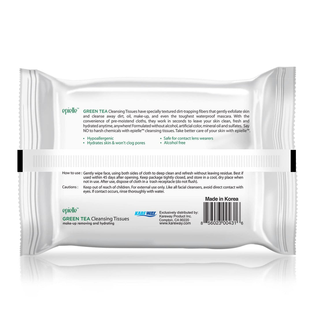 Epielle New Makeup Remover Cleansing Wipes Tissue - Cucumber 30 Count 6 Pack | Gentle for All Skin Types | Daily Facial Cleansing Towelettes | Removes Dirt, Oil, Makeup (Green Tea)