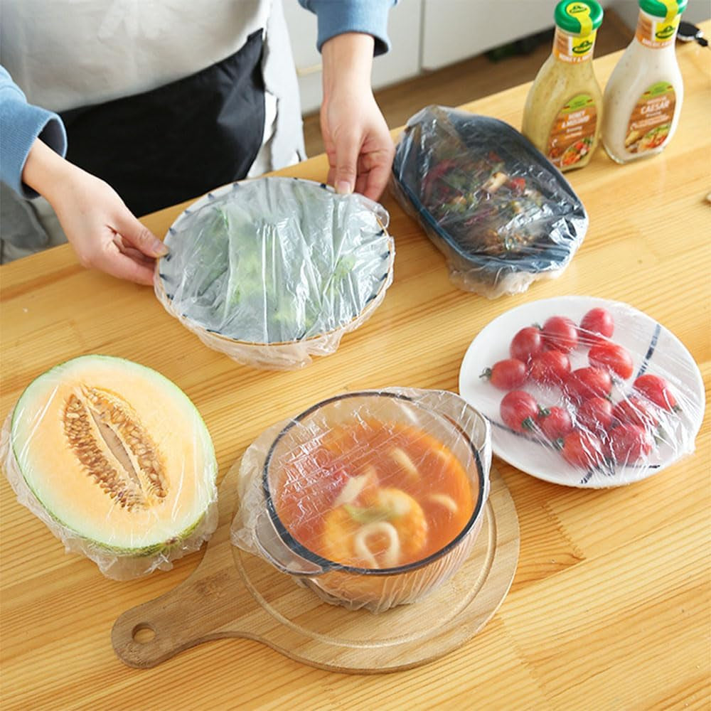 200Pcs Fresh Keeping Bags, Elastic Plastic Sealing Bags Food Cover with Elastic Edge, Reusable Stretch Adjustable Bowl Lids, Universal Kitchen Wrap Seal Caps for Leftover and Meal Prep